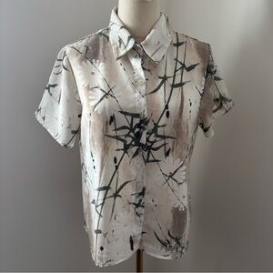 Sense Vintage Short Sleeve Ivory w/ Paint Design Funky Button Down Top
